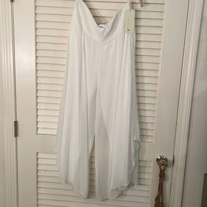 Nevra Women Wear Day Evening White Wide Band Silhouette Layered Flow Like Pants